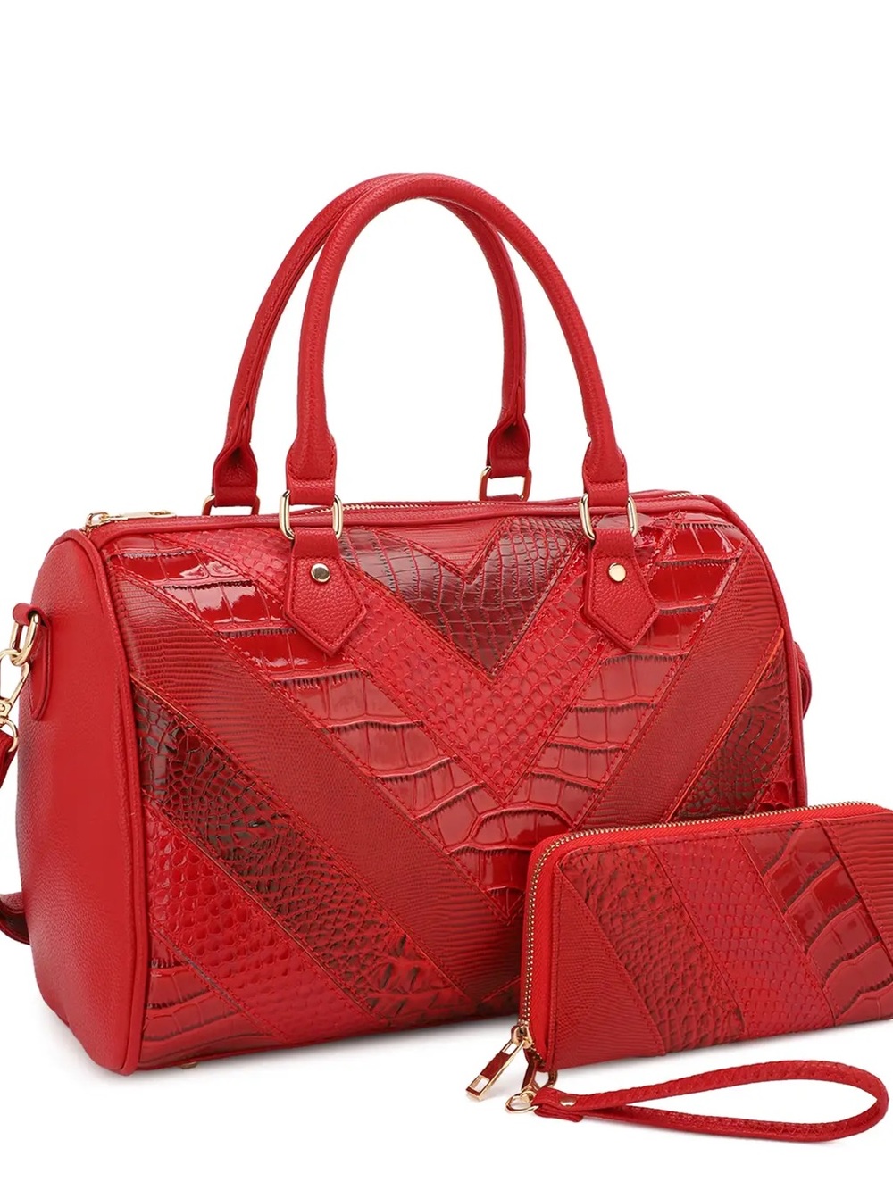 Designer-Inspired Red Patchwork Satchel | Includes Matching Wallet - Picture 8 of 15